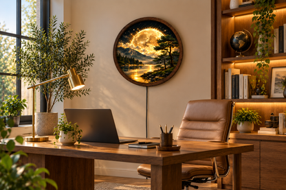 Golden Moon LED Wall Art, Round Mountain Lake Light, Forest Landscape Wall Decor, Glowing Nature Art, Rustic Bedroom Living Room Decor
