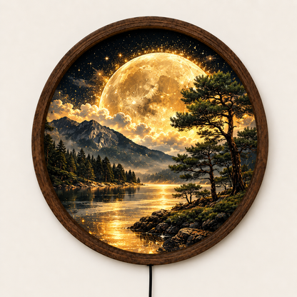 Golden Moon LED Wall Art, Round Mountain Lake Light, Forest Landscape Wall Decor, Glowing Nature Art, Rustic Bedroom Living Room Decor