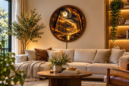 Enchanted Forest LED Wall Art, Glowing Moon Round Wall Light, Magical Woodland Decor, Golden Fantasy Nature Art, Bedroom Living Room Decor