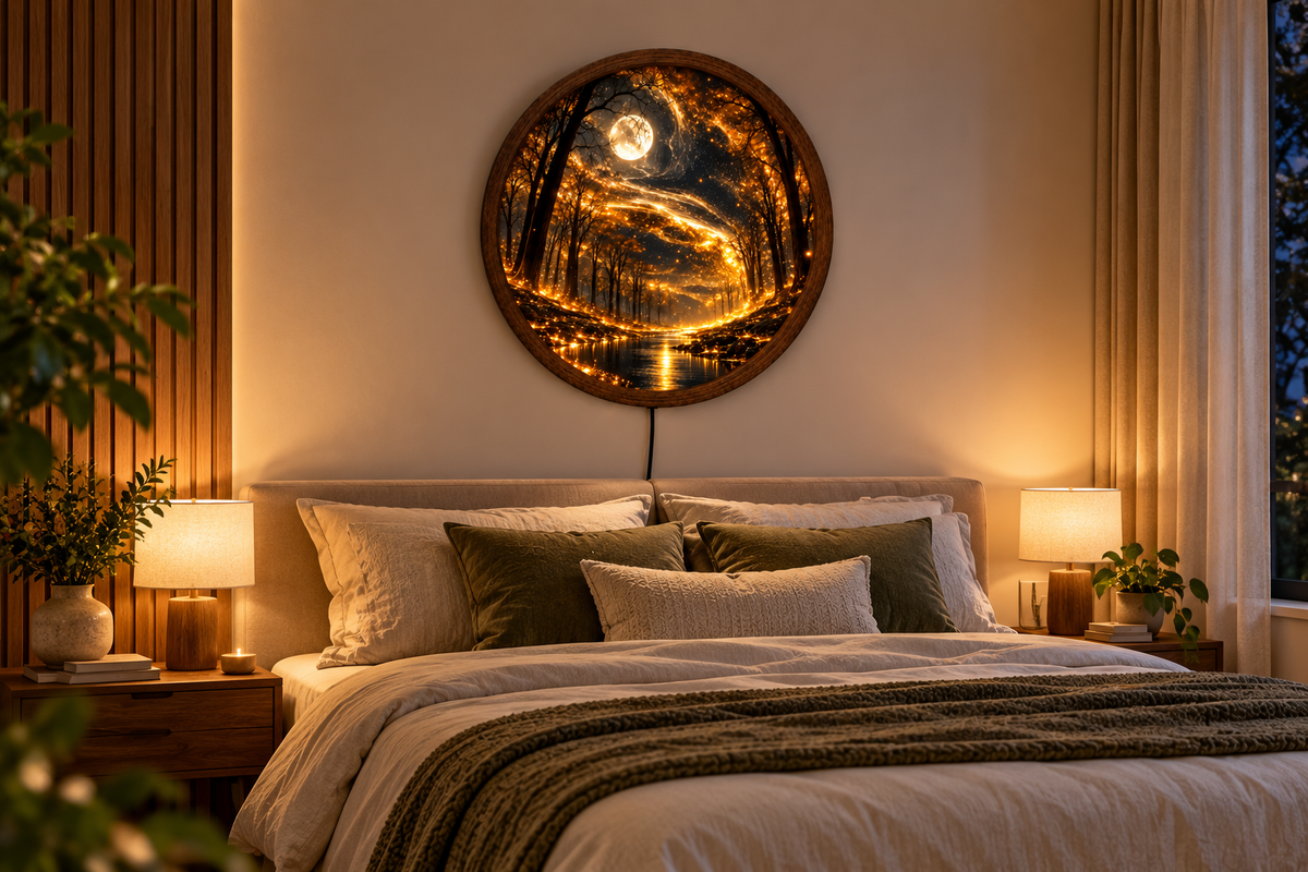 Enchanted Forest LED Wall Art, Glowing Moon Round Wall Light, Magical Woodland Decor, Golden Fantasy Nature Art, Bedroom Living Room Decor