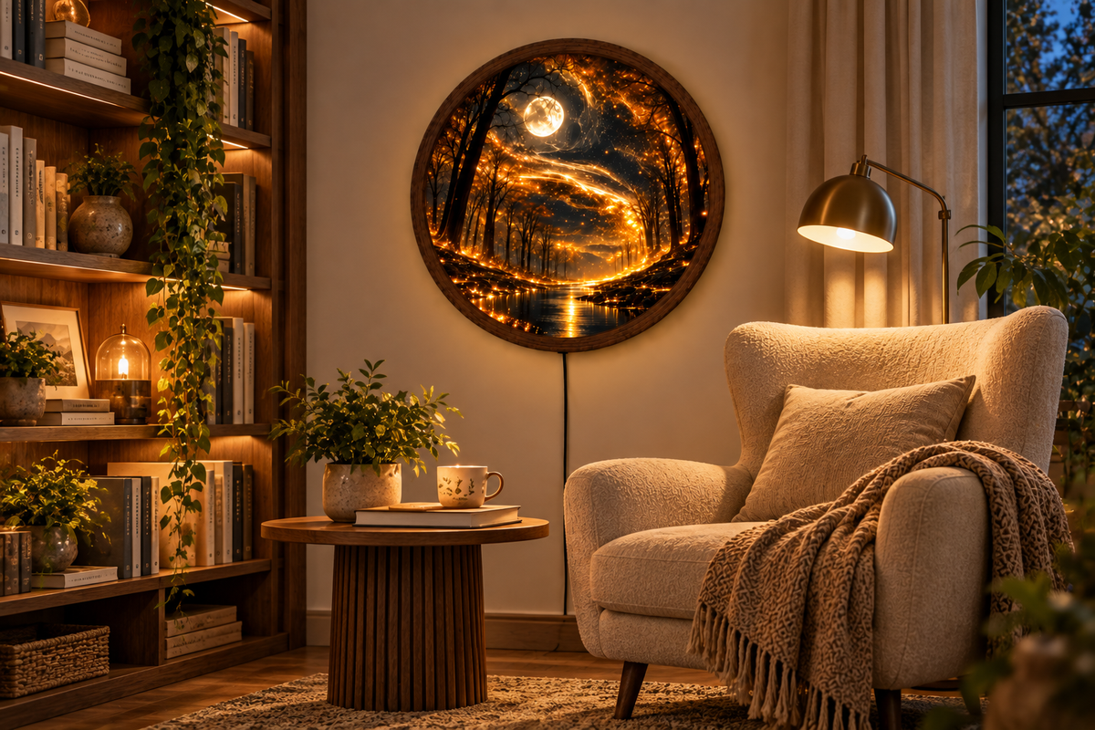 Enchanted Forest LED Wall Art, Glowing Moon Round Wall Light, Magical Woodland Decor, Golden Fantasy Nature Art, Bedroom Living Room Decor