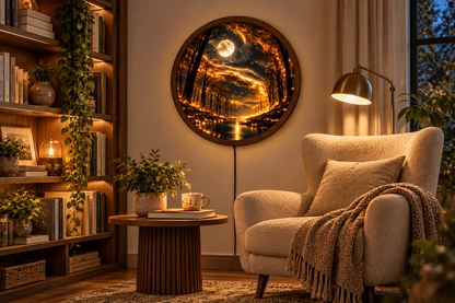 Enchanted Forest LED Wall Art, Glowing Moon Round Wall Light, Magical Woodland Decor, Golden Fantasy Nature Art, Bedroom Living Room Decor