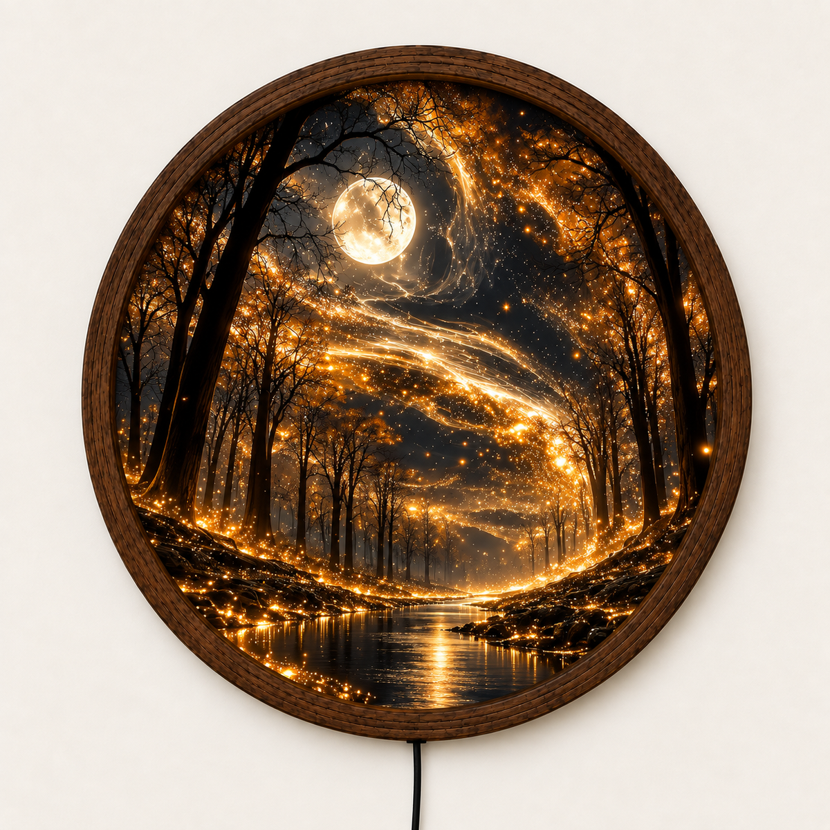 Enchanted Forest LED Wall Art, Glowing Moon Round Wall Light, Magical Woodland Decor, Golden Fantasy Nature Art, Bedroom Living Room Decor