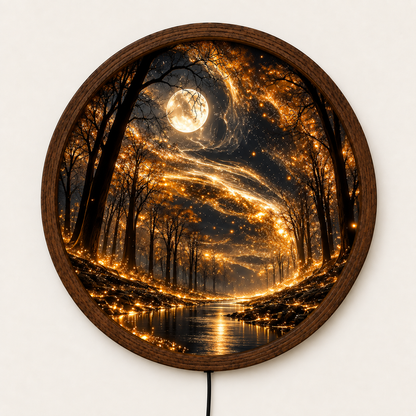 Enchanted Forest LED Wall Art, Glowing Moon Round Wall Light, Magical Woodland Decor, Golden Fantasy Nature Art, Bedroom Living Room Decor