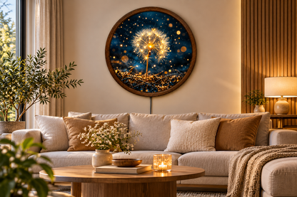 Glowing Dandelion LED Wall Art, Round Floral Wall Light, Golden Dandelion Nature Decor, Botanical Wall Art, Bedroom Living Room Decor