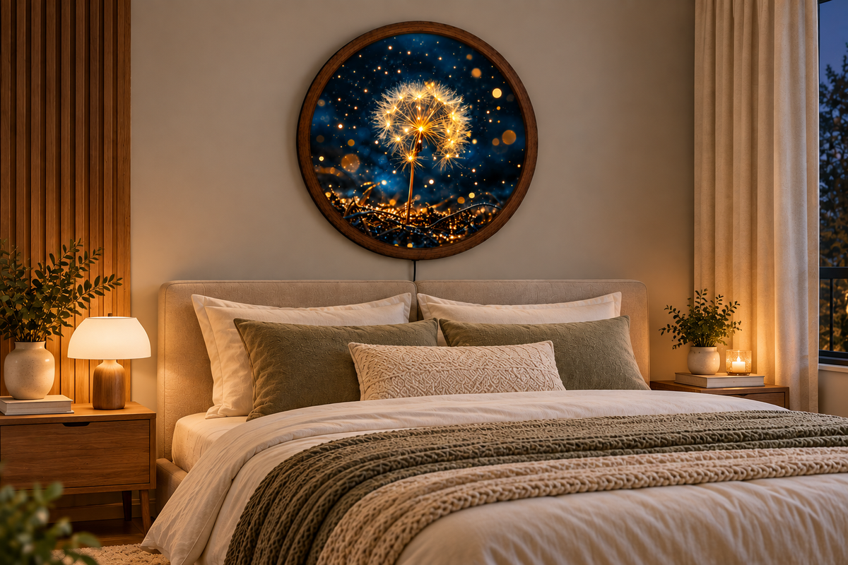 Glowing Dandelion LED Wall Art, Round Floral Wall Light, Golden Dandelion Nature Decor, Botanical Wall Art, Bedroom Living Room Decor