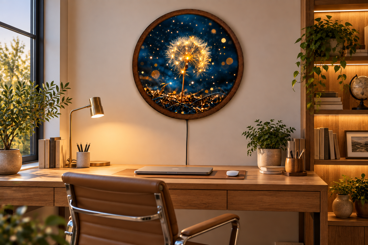 Glowing Dandelion LED Wall Art, Round Floral Wall Light, Golden Dandelion Nature Decor, Botanical Wall Art, Bedroom Living Room Decor