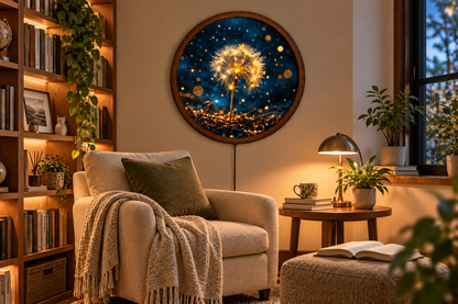 Glowing Dandelion LED Wall Art, Round Floral Wall Light, Golden Dandelion Nature Decor, Botanical Wall Art, Bedroom Living Room Decor