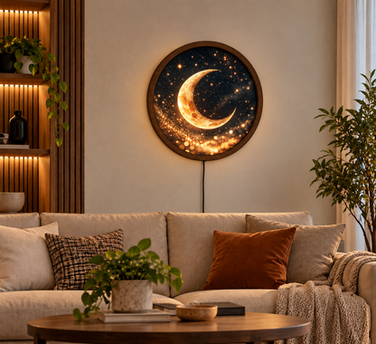 Golden Crescent Moon LED Wall Art, Celestial Round Wall Light, Moon and Stars Decor, Glowing Night Sky Art, Bedroom Living Room Decor