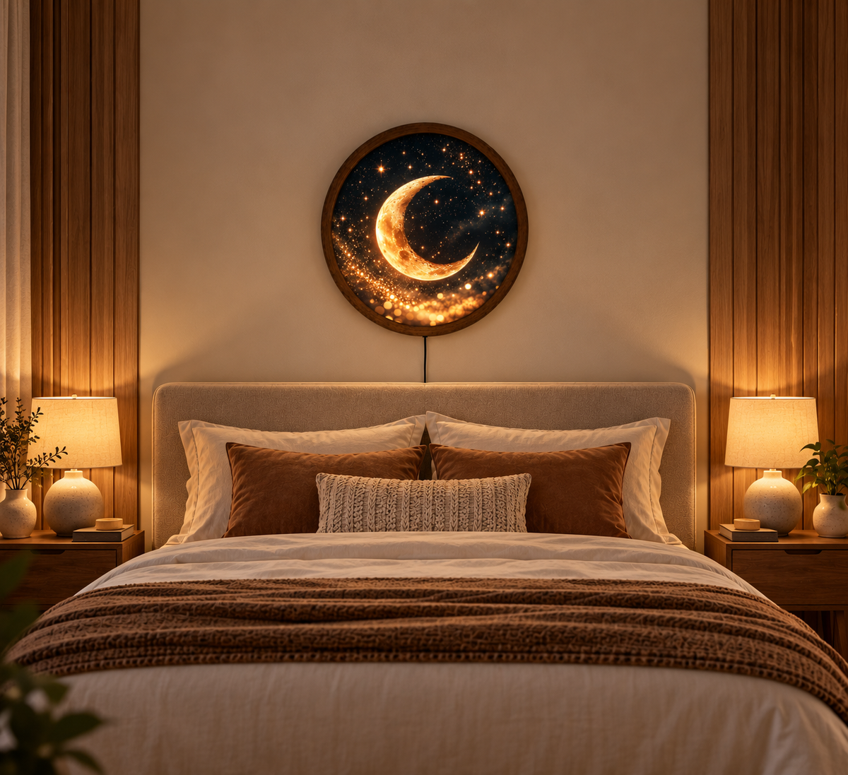 Golden Crescent Moon LED Wall Art, Celestial Round Wall Light, Moon and Stars Decor, Glowing Night Sky Art, Bedroom Living Room Decor