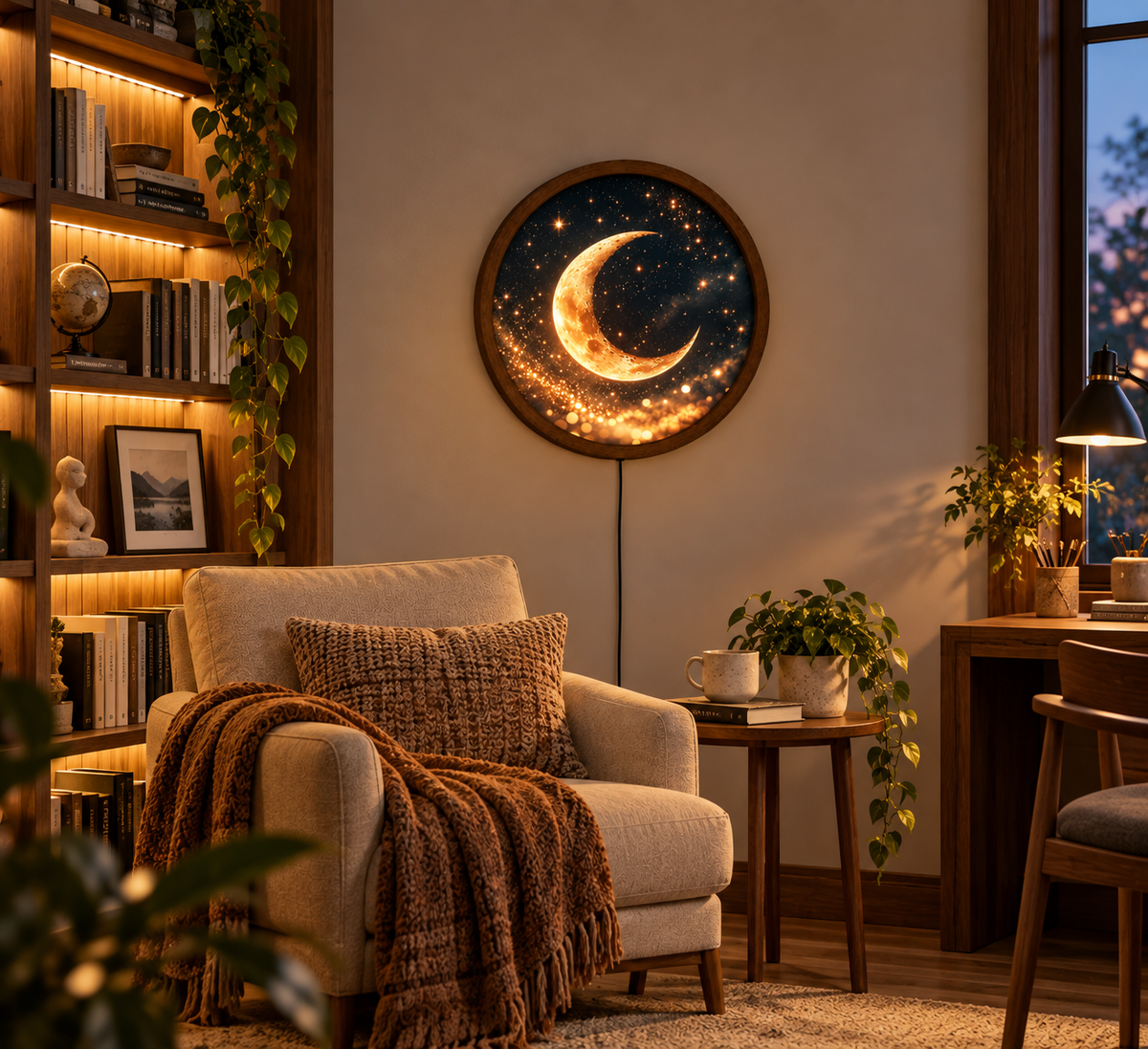 Golden Crescent Moon LED Wall Art, Celestial Round Wall Light, Moon and Stars Decor, Glowing Night Sky Art, Bedroom Living Room Decor