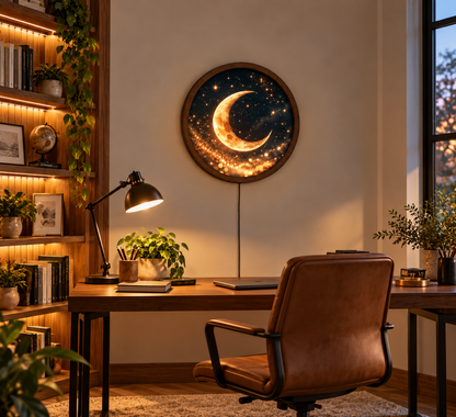 Golden Crescent Moon LED Wall Art, Celestial Round Wall Light, Moon and Stars Decor, Glowing Night Sky Art, Bedroom Living Room Decor