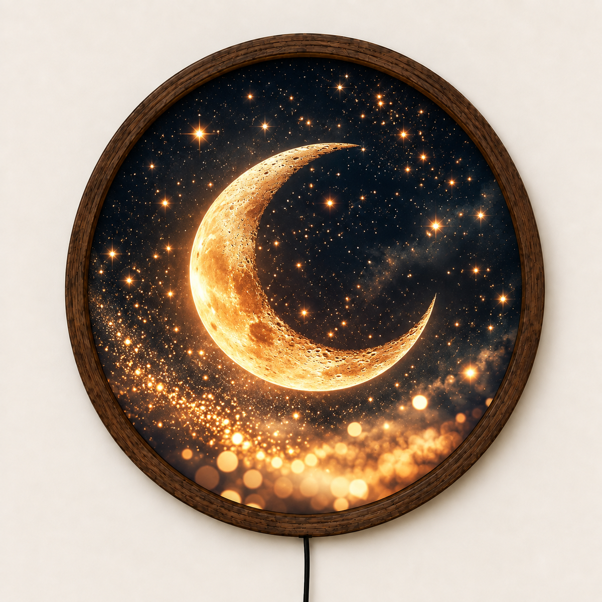 Golden Crescent Moon LED Wall Art, Celestial Round Wall Light, Moon and Stars Decor, Glowing Night Sky Art, Bedroom Living Room Decor