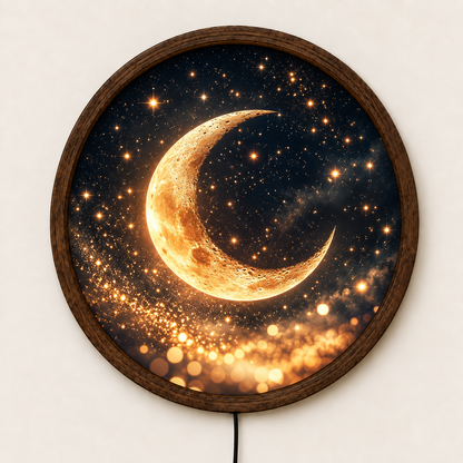 Golden Crescent Moon LED Wall Art, Celestial Round Wall Light, Moon and Stars Decor, Glowing Night Sky Art, Bedroom Living Room Decor
