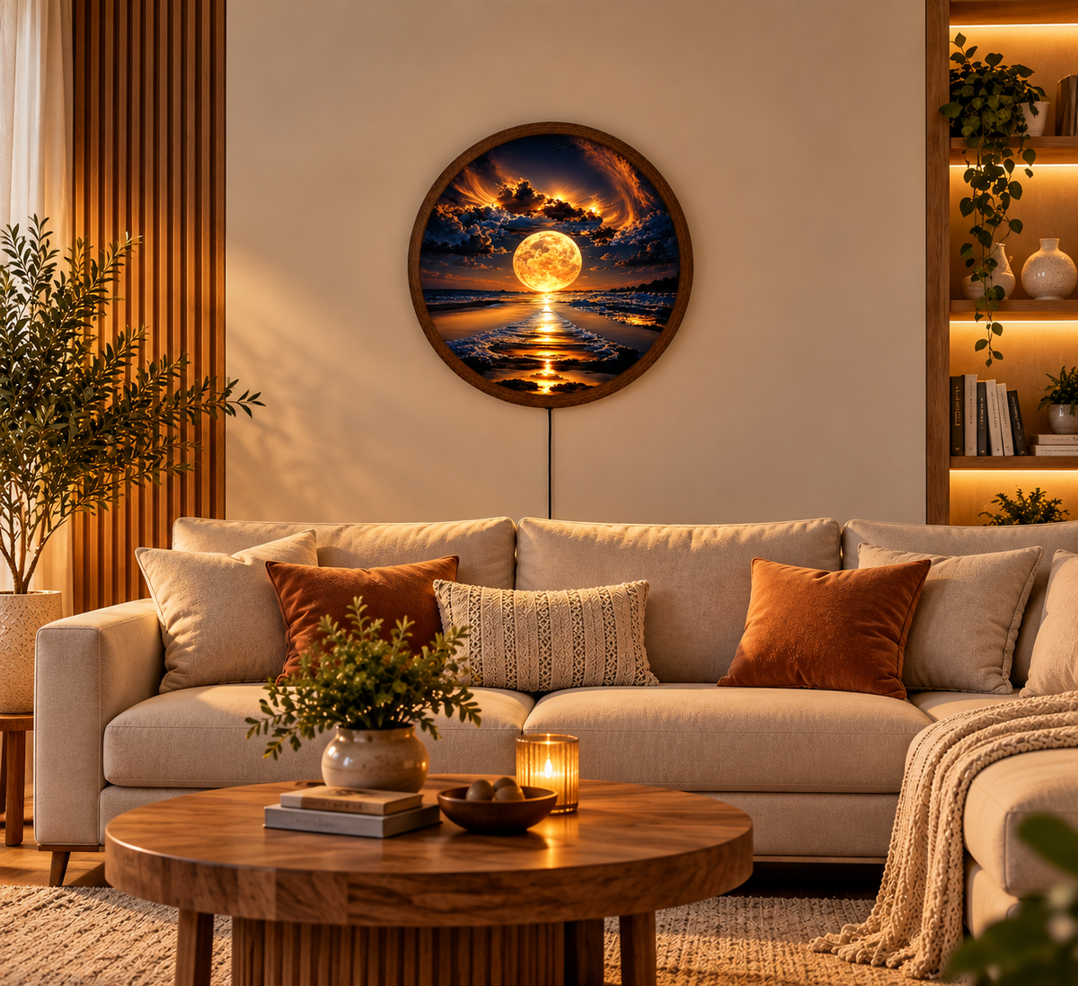 Golden Full Moon LED Wall Art, Ocean Beach Round Wall Light, Moonlit Seascape Decor, Celestial Coastal Art, Bedroom Living Room Decor