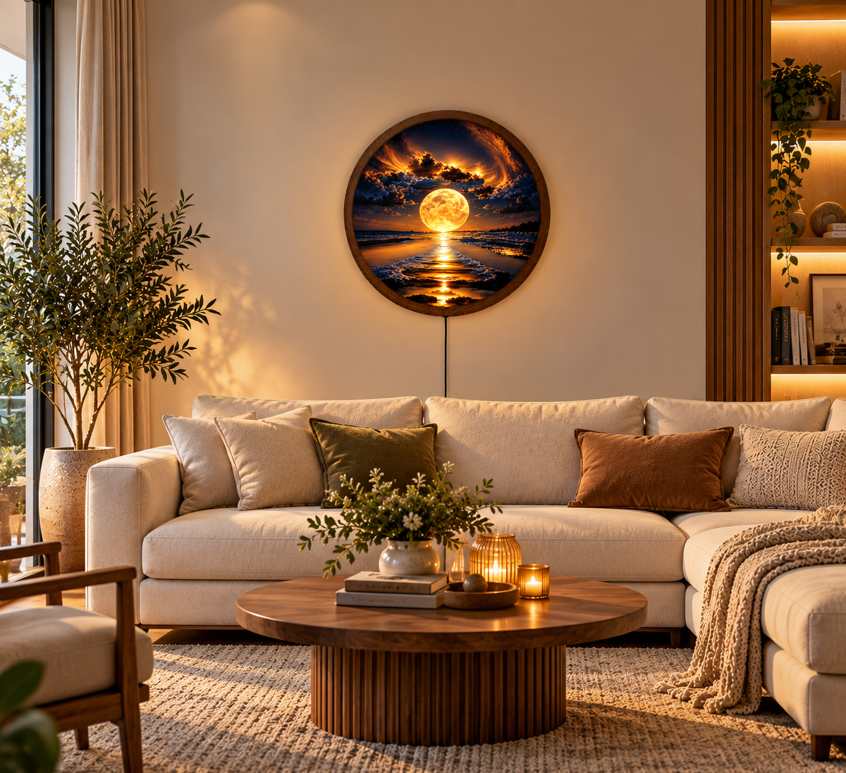 Golden Full Moon LED Wall Art, Ocean Beach Round Wall Light, Moonlit Seascape Decor, Celestial Coastal Art, Bedroom Living Room Decor