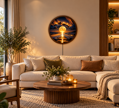 Golden Full Moon LED Wall Art, Ocean Beach Round Wall Light, Moonlit Seascape Decor, Celestial Coastal Art, Bedroom Living Room Decor