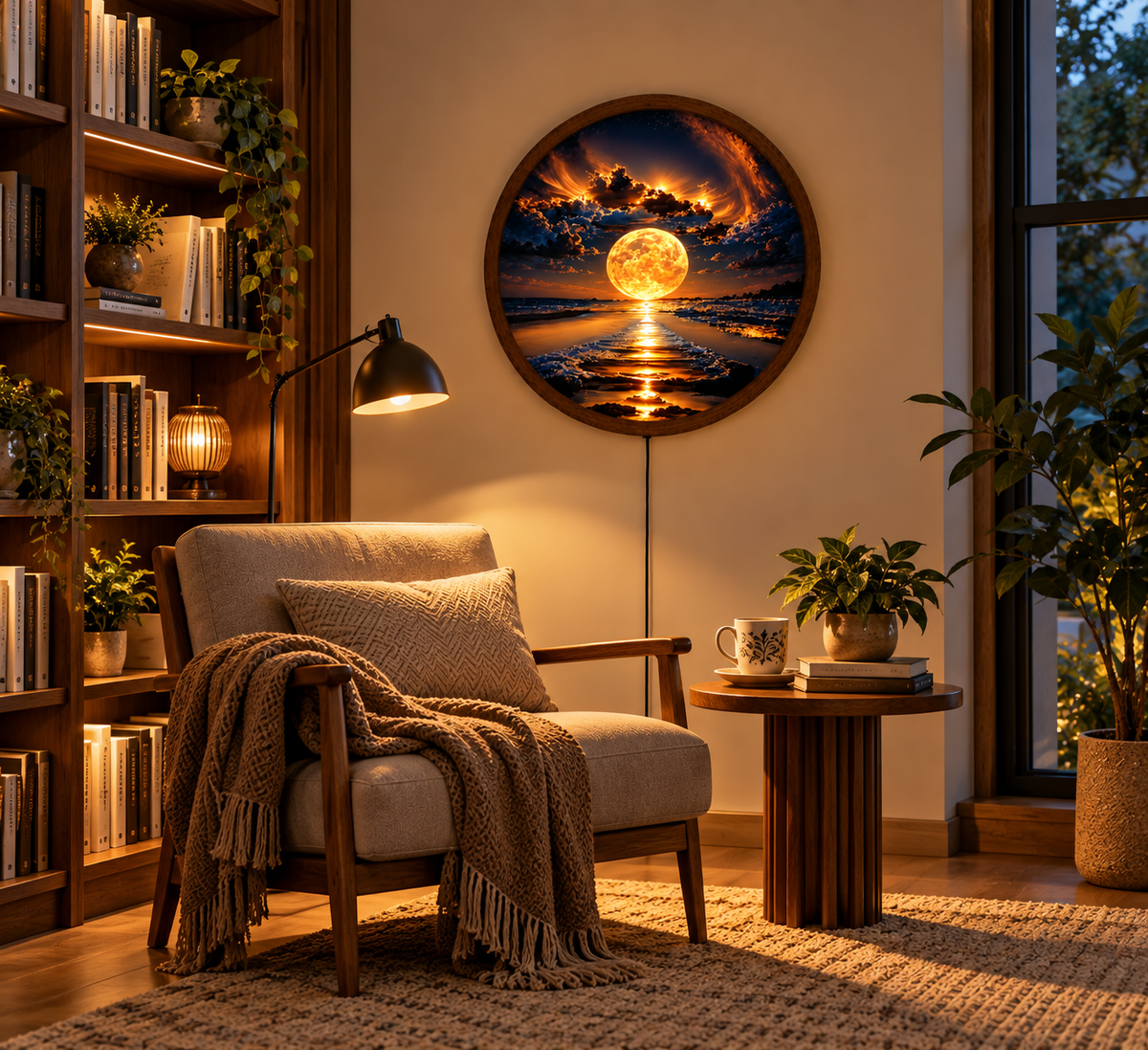 Golden Full Moon LED Wall Art, Ocean Beach Round Wall Light, Moonlit Seascape Decor, Celestial Coastal Art, Bedroom Living Room Decor