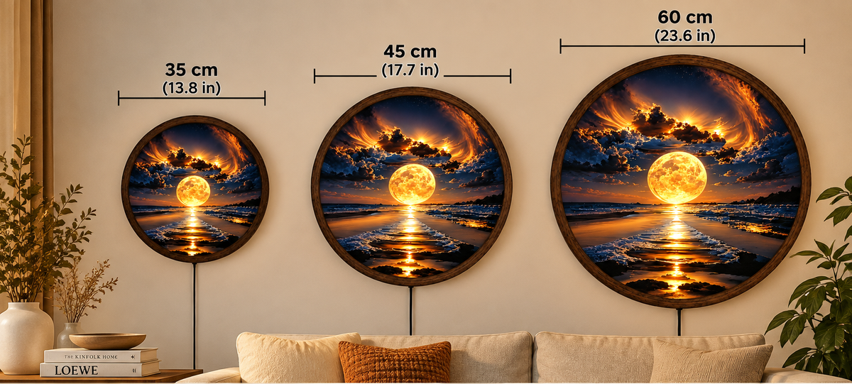 Golden Full Moon LED Wall Art, Ocean Beach Round Wall Light, Moonlit Seascape Decor, Celestial Coastal Art, Bedroom Living Room Decor