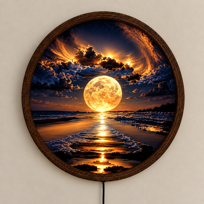 Golden Full Moon LED Wall Art, Ocean Beach Round Wall Light, Moonlit Seascape Decor, Celestial Coastal Art, Bedroom Living Room Decor