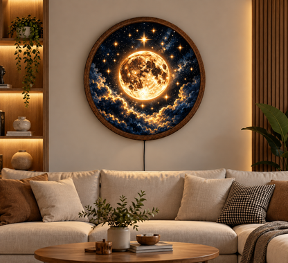 Moon LED Wall Art, Glowing Full Moon and Stars Wall Decor, Celestial Round Light, Night Sky Wall Lamp, Galaxy Home Decor, Bedroom Gift