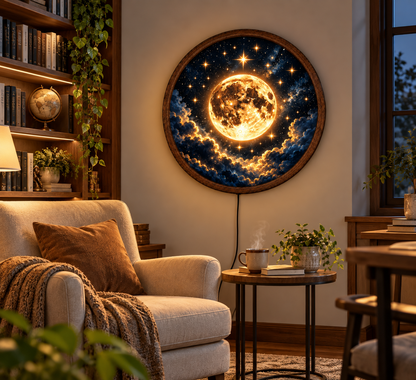 Moon LED Wall Art, Glowing Full Moon and Stars Wall Decor, Celestial Round Light, Night Sky Wall Lamp, Galaxy Home Decor, Bedroom Gift