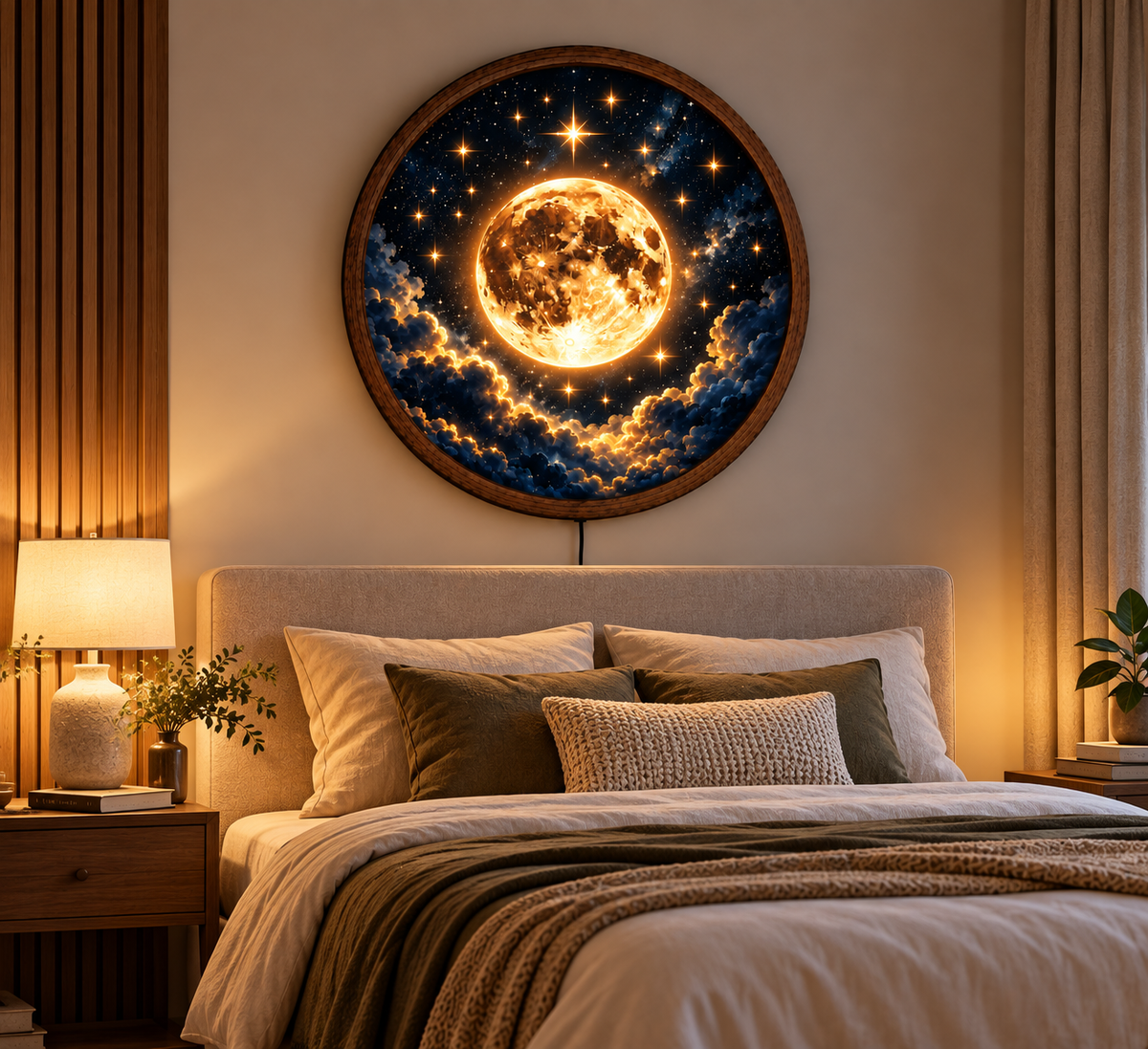Moon LED Wall Art, Glowing Full Moon and Stars Wall Decor, Celestial Round Light, Night Sky Wall Lamp, Galaxy Home Decor, Bedroom Gift