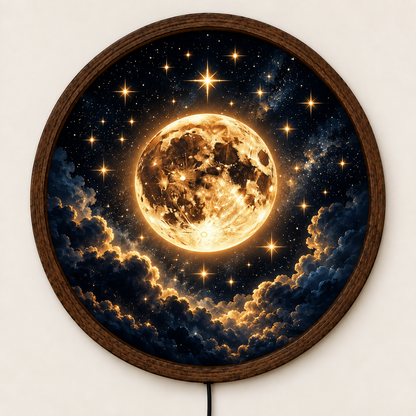 Moon LED Wall Art, Glowing Full Moon and Stars Wall Decor, Celestial Round Light, Night Sky Wall Lamp, Galaxy Home Decor, Bedroom Gift
