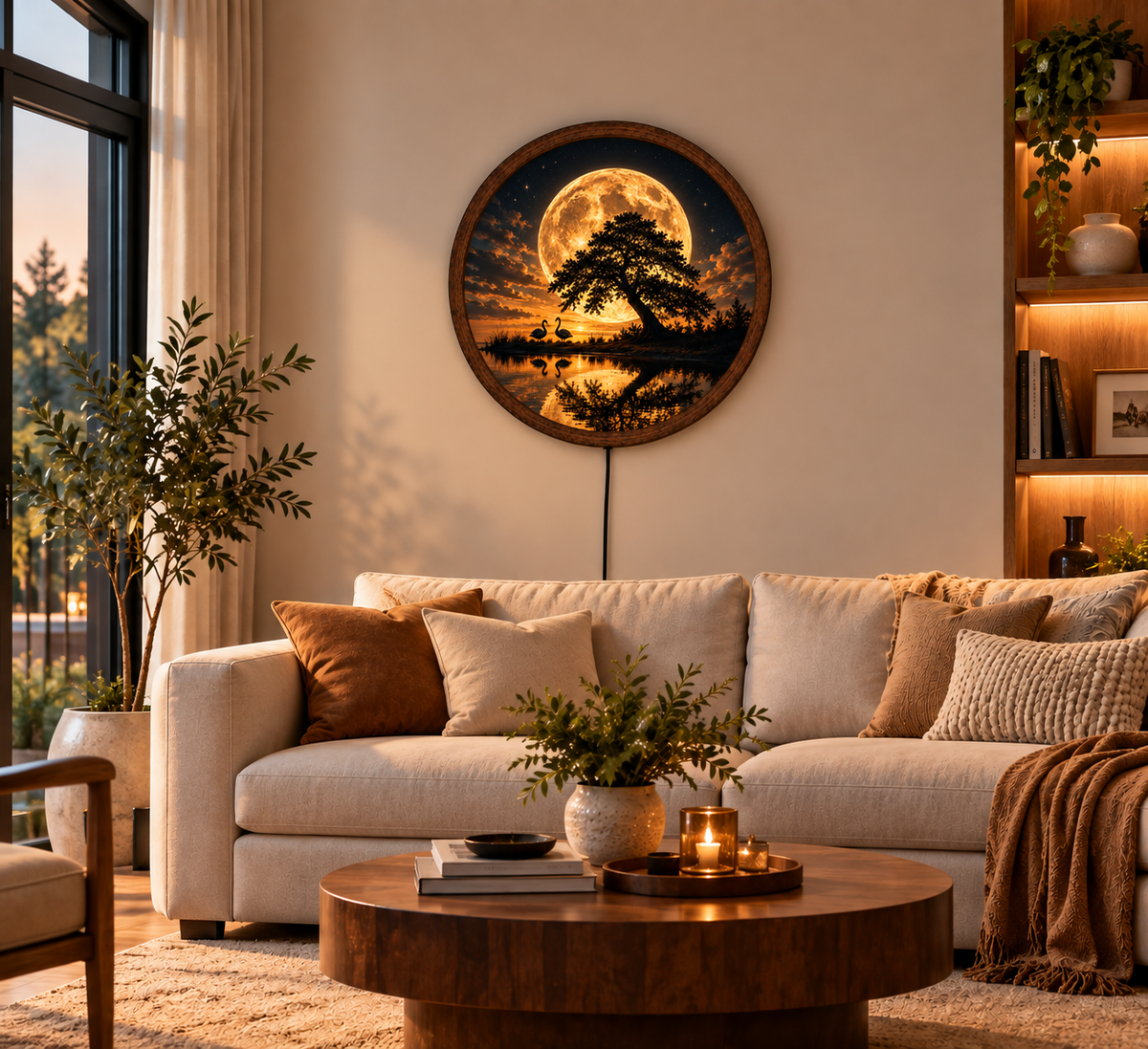 Moon Tree LED Wall Art, Full Moon Swan Landscape Light, Round Celestial Wall Decor, Glowing Nature Wall Lamp, Romantic Bedroom Decor