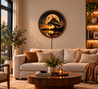 Moon Tree LED Wall Art, Full Moon Swan Landscape Light, Round Celestial Wall Decor, Glowing Nature Wall Lamp, Romantic Bedroom Decor