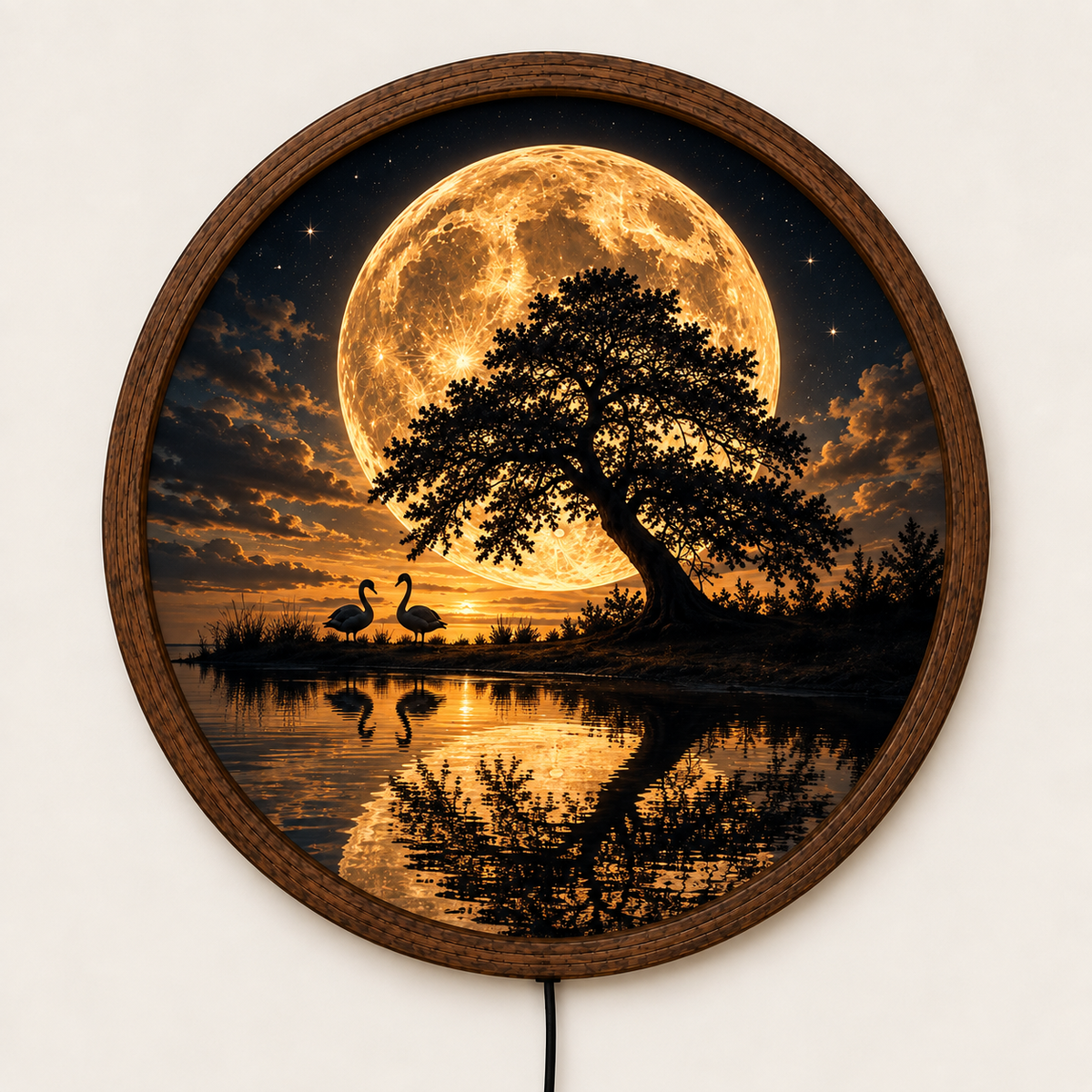 Moon Tree LED Wall Art, Full Moon Swan Landscape Light, Round Celestial Wall Decor, Glowing Nature Wall Lamp, Romantic Bedroom Decor