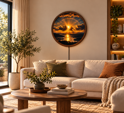 Sunset LED Wall Art, Golden Sun Landscape Wall Light, Mountain Lake Round Wall Decor, Glowing Nature Wall Lamp, Scenic Home Decor Gift