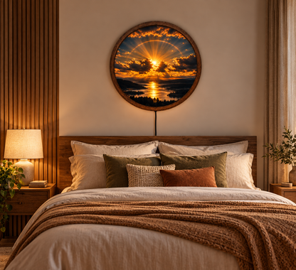 Sunset LED Wall Art, Golden Sun Landscape Wall Light, Mountain Lake Round Wall Decor, Glowing Nature Wall Lamp, Scenic Home Decor Gift