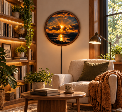 Sunset LED Wall Art, Golden Sun Landscape Wall Light, Mountain Lake Round Wall Decor, Glowing Nature Wall Lamp, Scenic Home Decor Gift