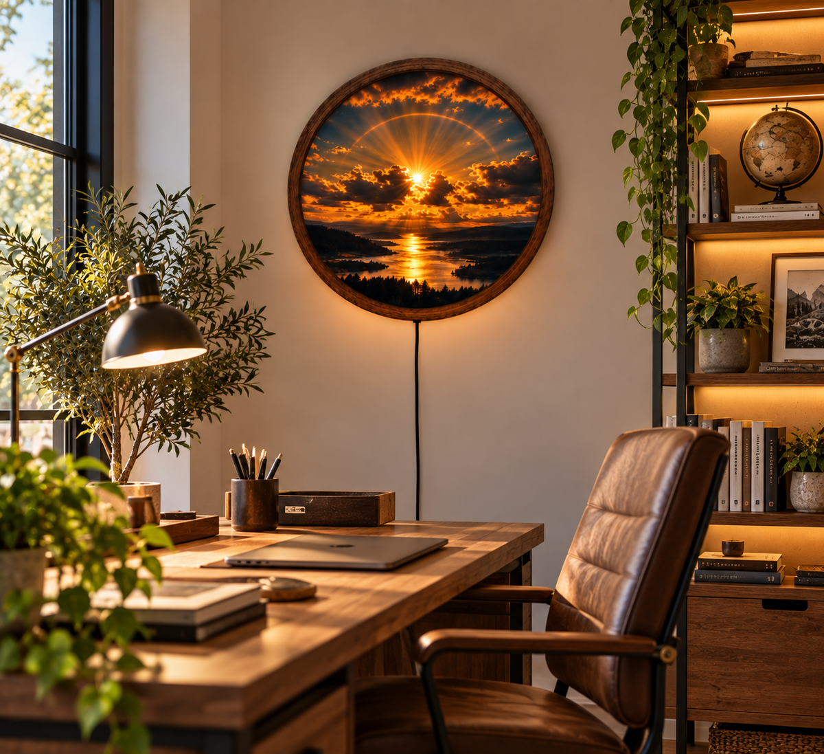 Sunset LED Wall Art, Golden Sun Landscape Wall Light, Mountain Lake Round Wall Decor, Glowing Nature Wall Lamp, Scenic Home Decor Gift