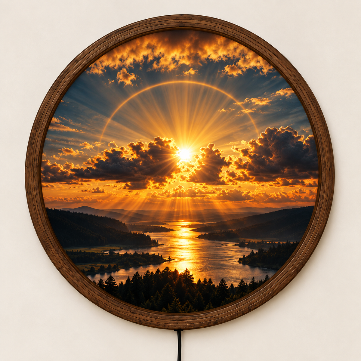 Sunset LED Wall Art, Golden Sun Landscape Wall Light, Mountain Lake Round Wall Decor, Glowing Nature Wall Lamp, Scenic Home Decor Gift
