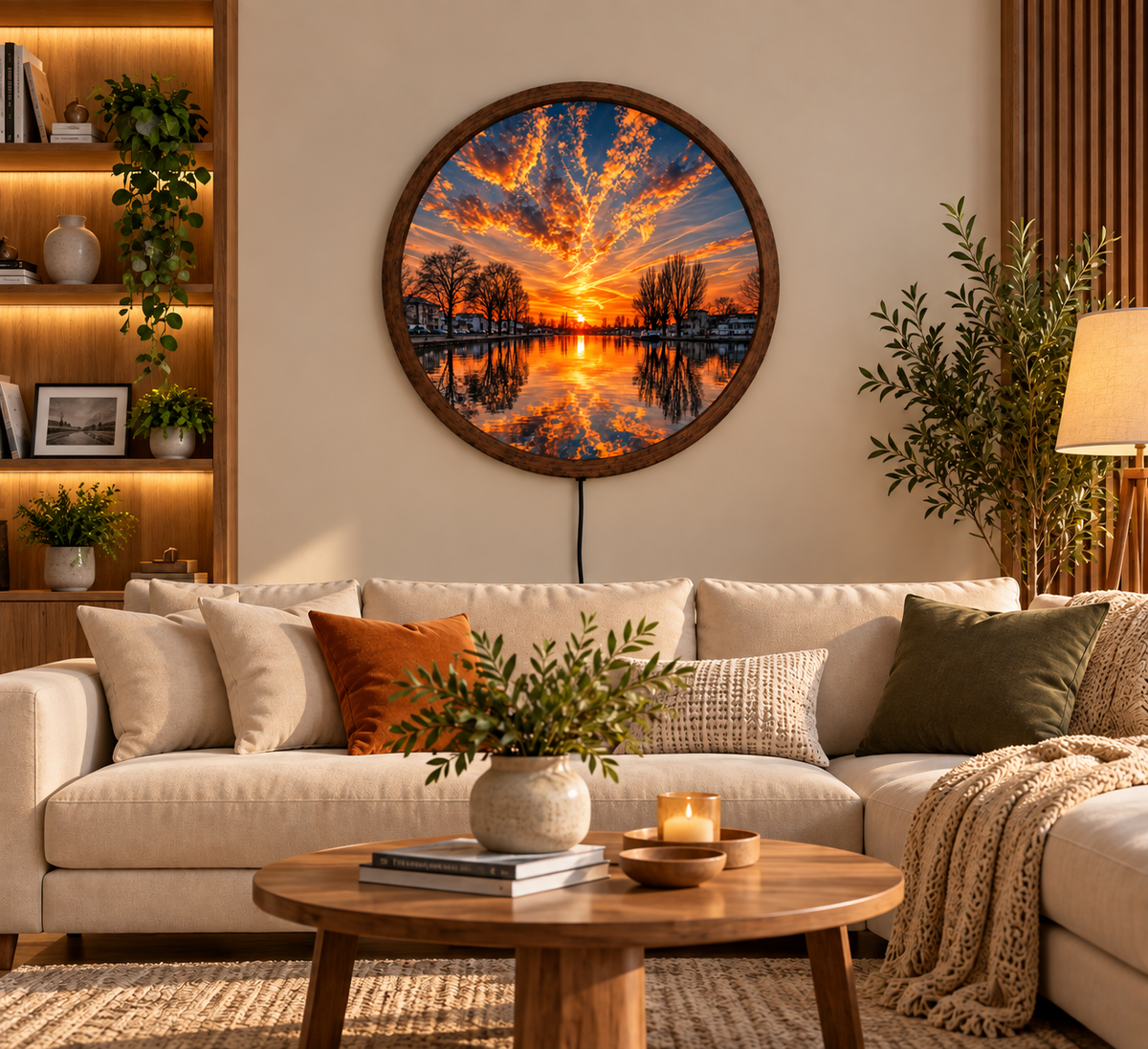 Sunset LED Wall Art, Orange Sky Lake Landscape Wall Light, Round Nature Wall Decor, Glowing Scenic Wall Lamp, Peaceful Home Decor Gift