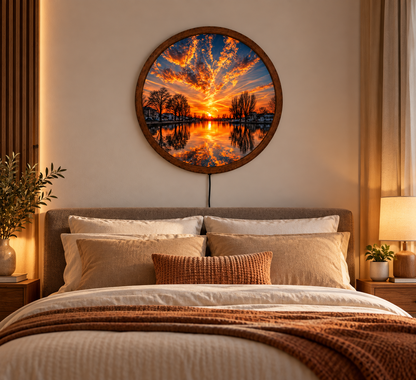 Sunset LED Wall Art, Orange Sky Lake Landscape Wall Light, Round Nature Wall Decor, Glowing Scenic Wall Lamp, Peaceful Home Decor Gift