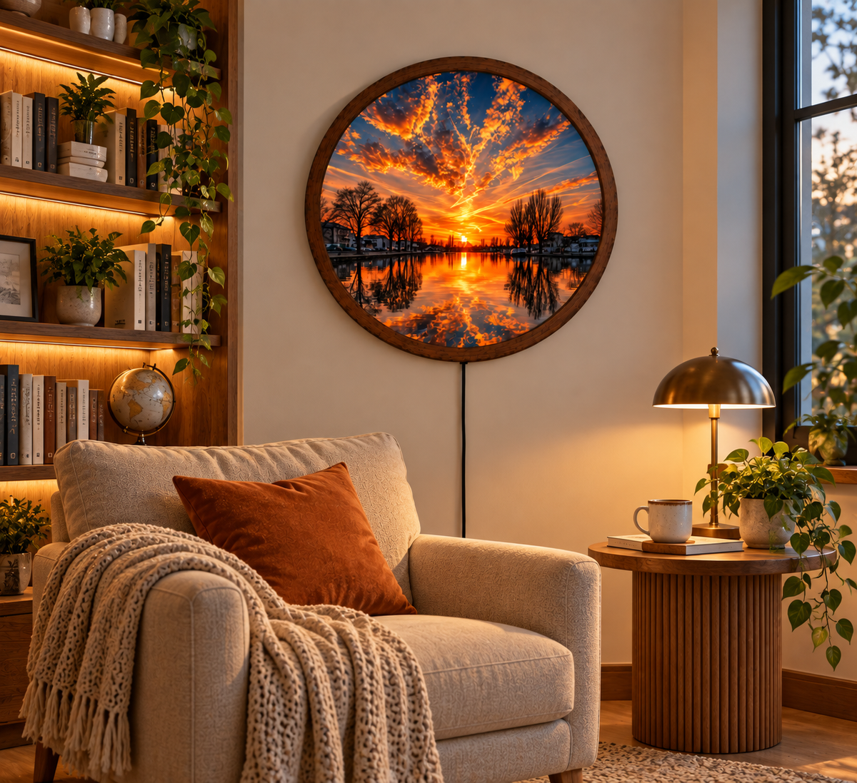 Sunset LED Wall Art, Orange Sky Lake Landscape Wall Light, Round Nature Wall Decor, Glowing Scenic Wall Lamp, Peaceful Home Decor Gift