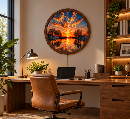 Sunset LED Wall Art, Orange Sky Lake Landscape Wall Light, Round Nature Wall Decor, Glowing Scenic Wall Lamp, Peaceful Home Decor Gift