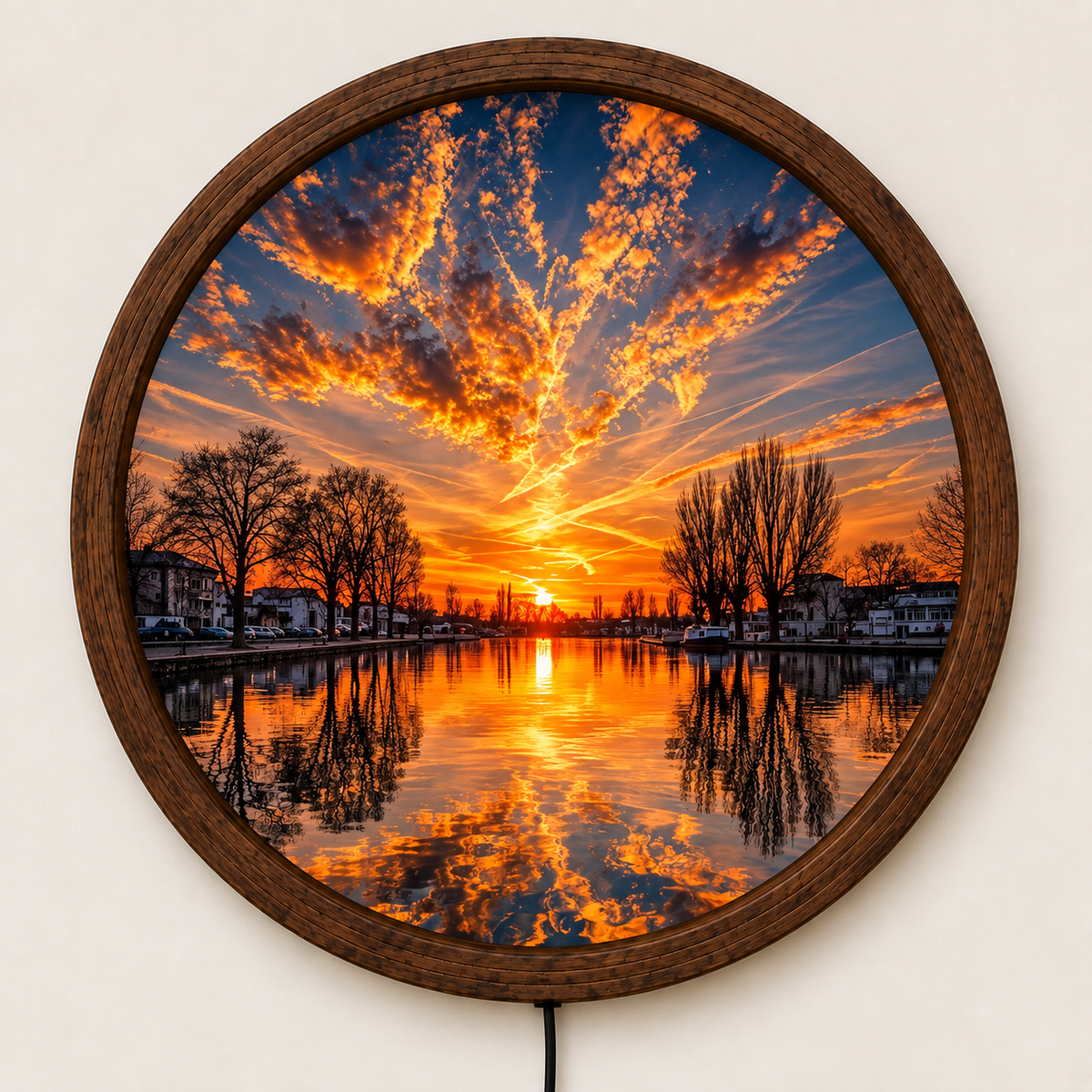 Sunset LED Wall Art, Orange Sky Lake Landscape Wall Light, Round Nature Wall Decor, Glowing Scenic Wall Lamp, Peaceful Home Decor Gift