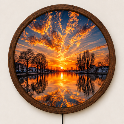 Sunset LED Wall Art, Orange Sky Lake Landscape Wall Light, Round Nature Wall Decor, Glowing Scenic Wall Lamp, Peaceful Home Decor Gift