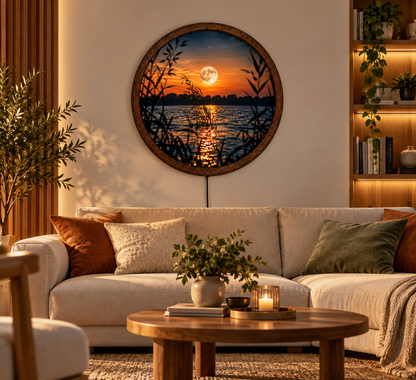 Moon Lake LED Wall Art, Full Moon Sunset Landscape Light, Round Celestial Wall Decor, Glowing Nature Wall Lamp, Peaceful Bedroom Decor
