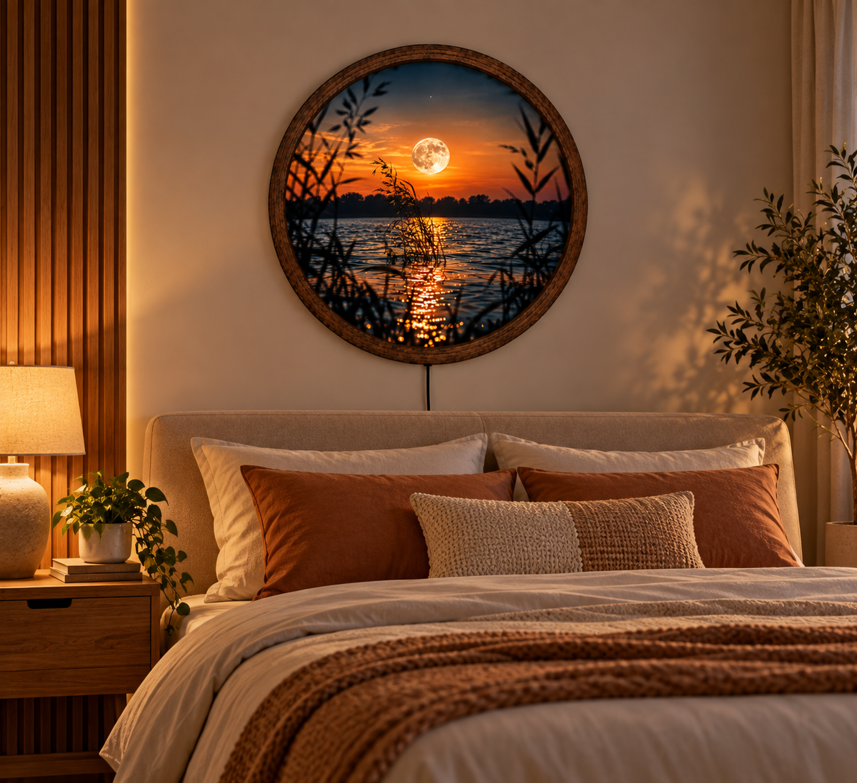 Moon Lake LED Wall Art, Full Moon Sunset Landscape Light, Round Celestial Wall Decor, Glowing Nature Wall Lamp, Peaceful Bedroom Decor