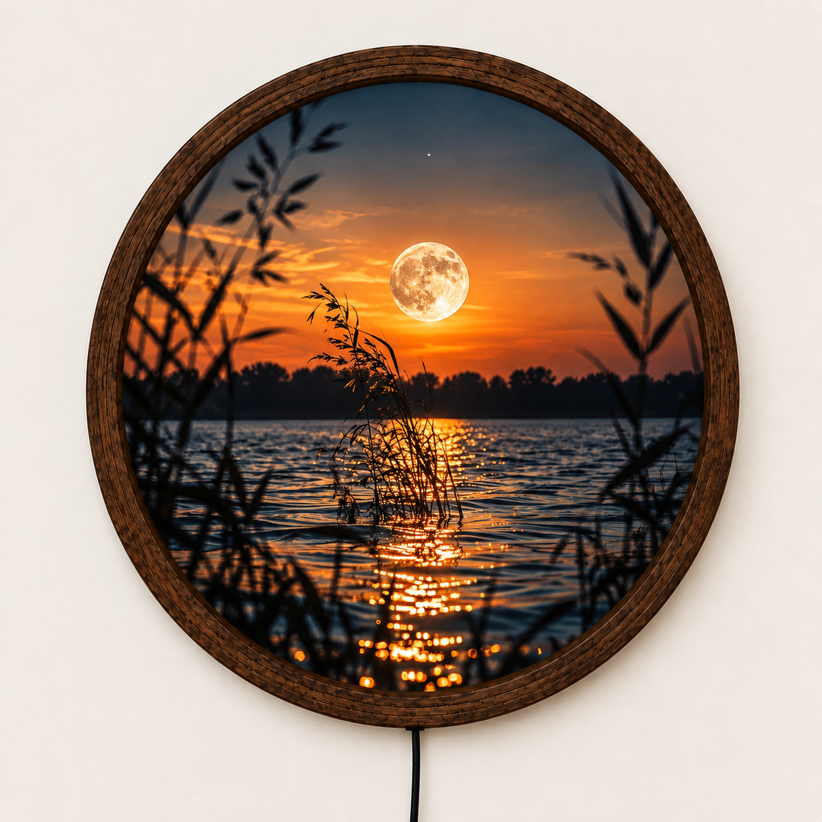 Moon Lake LED Wall Art, Full Moon Sunset Landscape Light, Round Celestial Wall Decor, Glowing Nature Wall Lamp, Peaceful Bedroom Decor