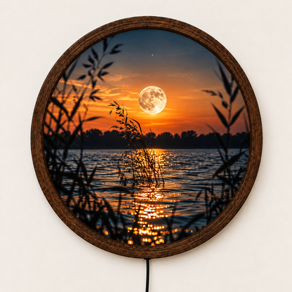 Moon Lake LED Wall Art, Full Moon Sunset Landscape Light, Round Celestial Wall Decor, Glowing Nature Wall Lamp, Peaceful Bedroom Decor