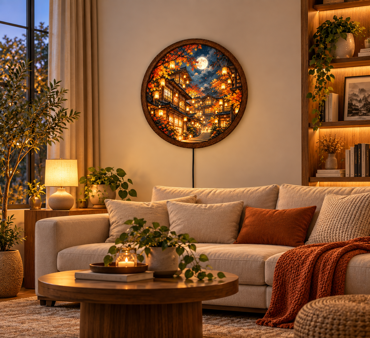Japanese Autumn LED Wall Art, Full Moon Lantern Village Wall Light, Round Fall Landscape Decor, Glowing Asian Wall Lamp, Cozy Bedroom Decor