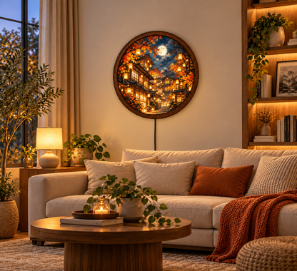 Japanese Autumn LED Wall Art, Full Moon Lantern Village Wall Light, Round Fall Landscape Decor, Glowing Asian Wall Lamp, Cozy Bedroom Decor