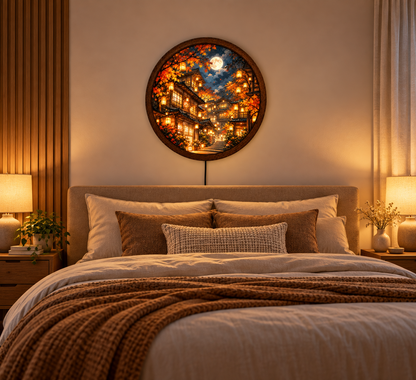Japanese Autumn LED Wall Art, Full Moon Lantern Village Wall Light, Round Fall Landscape Decor, Glowing Asian Wall Lamp, Cozy Bedroom Decor