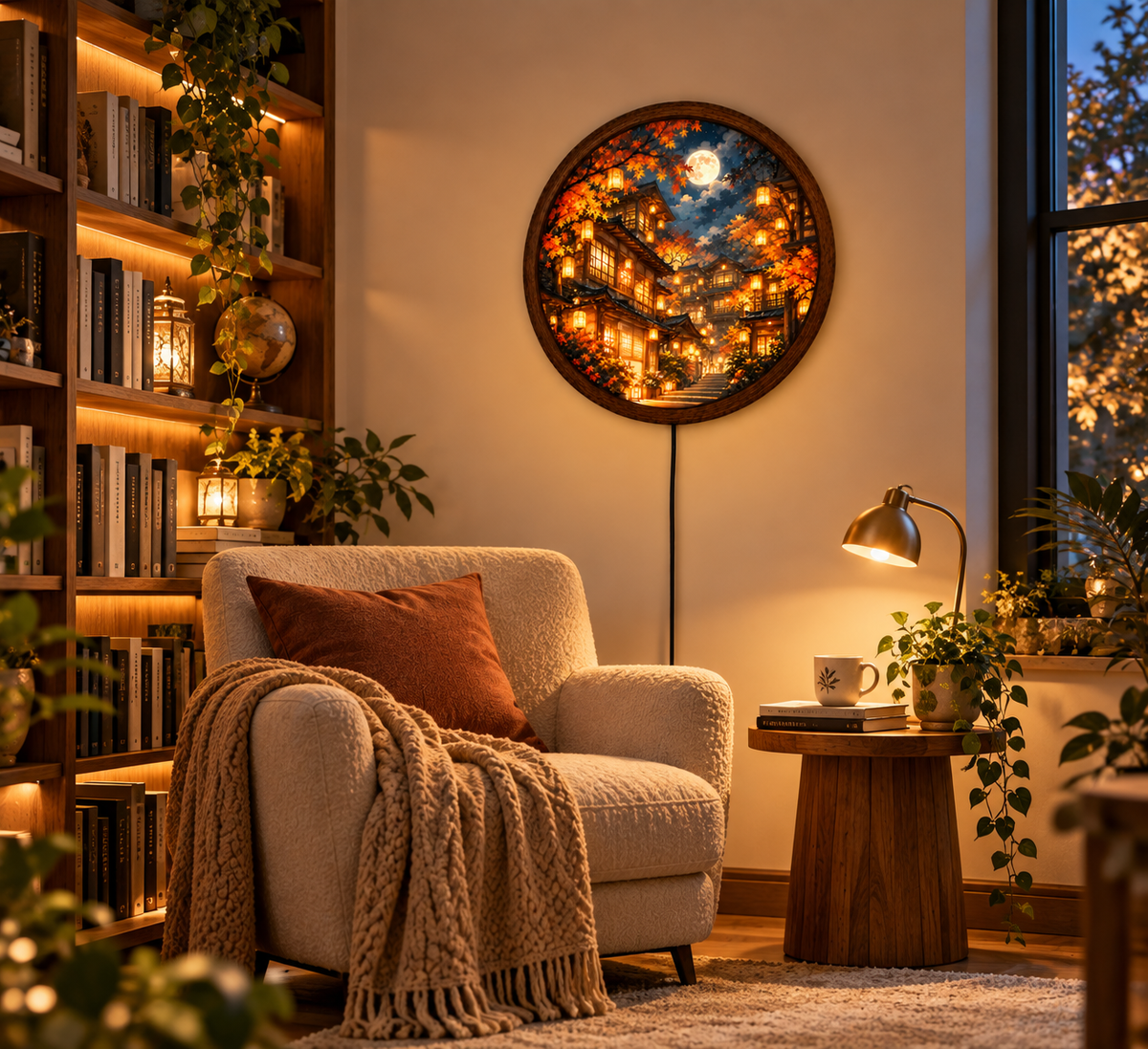 Japanese Autumn LED Wall Art, Full Moon Lantern Village Wall Light, Round Fall Landscape Decor, Glowing Asian Wall Lamp, Cozy Bedroom Decor